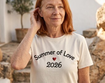 Custom embroidered tee Summer of Love · red heart · add your year or name · cotton stitched to last · embroidered in France
