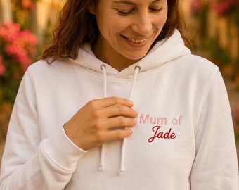 Personalized Embroidered Hoodie with Name and Date | 2-Line Sweatshirt with Custom "Mum Of" Message | Gift for Mom, Dad, and Couple | Handmade Sweater from France