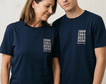 Embroidered Family Years T-Shirt · Personalised Birth Years & Family Name · Family Gift for Parents Grandparents · Made in France