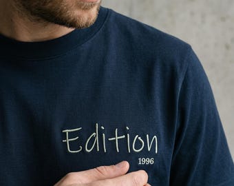 Custom embroidered name and year tee · Le Depuis · word + since 20XX · cotton stitched to last · embroidered in France