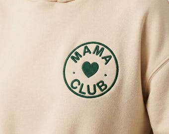 Personalized embroidered hoodie · Le Club heart badge · custom text and date · made in France · couple anniversary gift