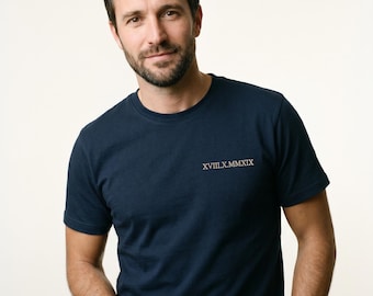 Personalized embroidered tee · date in Roman numerals · Le Romain · cotton made in France · couple anniversary gift for him