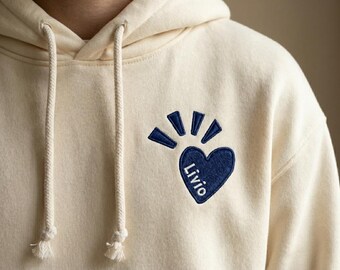 Personalisierte Herzstickerei mit Namen | Sweatshirt, T-Shirt, Tragetasche, Mütze, Kapuzenpullover | Frankreich