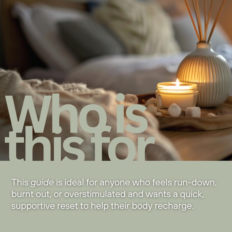 May include: A lit candle in a glass jar, a decorative vase with reeds, and small white objects sit on a wooden tray. The text "Who is this for" is displayed in large, light green letters.