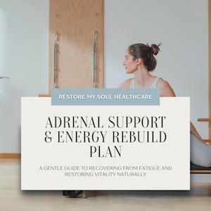 May include: A book cover with the text "RESTORE MY SOUL HEALTHCARE" and "ADRENAL SUPPORT & ENERGY REBUILD PLAN". The text "A GENTLE GUIDE TO RECOVERING FROM FATIGUE AND RESTORING VITALITY NATURALLY" is also present. A woman is in the background.