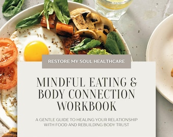 May include: A plate of food with a fried egg, tomatoes, mushrooms, and spinach. A glass of water with lemon is in the background. The text on the image reads "Mindful Eating & Body Connection Workbook."