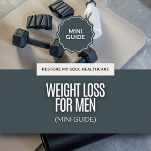 May include: An image featuring fitness equipment and text. Two black dumbbells, a white water bottle, and black wrist weights are arranged on a beige mat. The text reads "MINI GUIDE" and "WEIGHT LOSS FOR MEN (MINI GUIDE)".