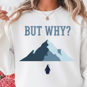May include: White sweatshirt featuring the text "BUT WHY?" in blue above a mountain graphic in shades of blue. A small penguin graphic is below the mountain. The sweatshirt is a casual style.