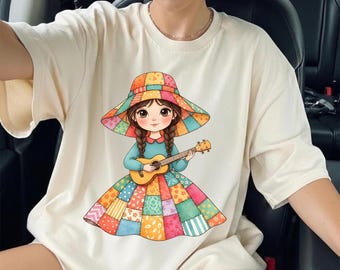Dziewczyna w patchworku z ukulele PNG: Ilustracja miłośniczki muzyki w stylu boho PNG Kolorowy wystrój pokoju dziecięcego PNG (pobieranie cyfrowe)
