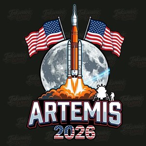 May include: A graphic design featuring a rocket launching into space, with the word "ARTEMIS" and the year "2026" in patriotic colors. Two American flags flank a full moon, with a space station and astronaut silhouette.