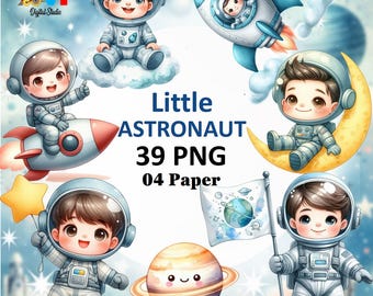 Imágenes prediseñadas de astronautas en acuarela – Paquete PNG del espacio exterior, uso comercial (descarga digital)