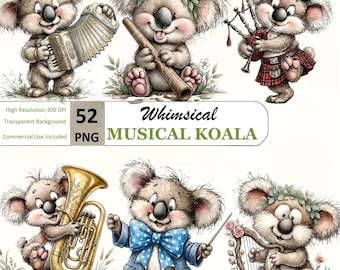 Paquete de imágenes prediseñadas de koalas musicales, decoración de pared para guardería, regalo para baby shower, arte de pared para guardería (52 PNG)