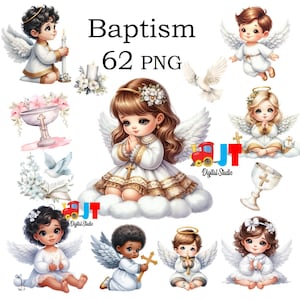 May include: Digital illustrations of cherubic angels with wings, crosses, and halos. The image includes the text "Baptism 62 PNG" and a logo. The angels are in white and gold robes, with soft, pastel colours. Ideal for baptism-themed projects.