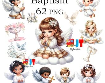 Clipart de bautismo de niño y niña: ángel, rosario, paloma y cruz (descarga digital PNG)