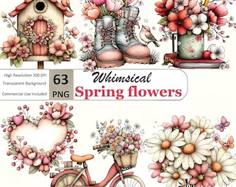 Imágenes prediseñadas de flores primaverales en acuarela / Paquete PNG estilo cottagecore (63)