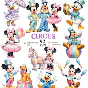 Pode incluir: Uma coleção digital de 92 arquivos PNG com personagens da Disney em trajes de circo, incluindo Mickey, Minnie, Donald, Pateta e Pluto. Os personagens são retratados com balões, pratos, maças de malabarismo e um cavalo, com o texto CIRCUS 92 PNG.