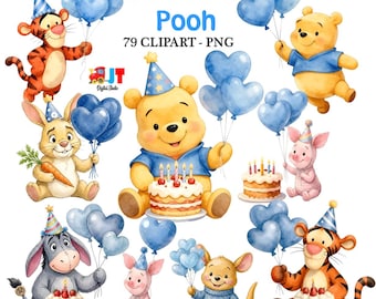 Imágenes prediseñadas PNG de globos azules de acuarela de Winnie the Pooh, baby shower de Pooh, Winnie the Pooh y sus amigos PNG, cumpleaños de Pooh, Piglet, conejo PNG
