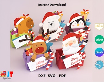 Paquete de soportes para dulces navideños, soporte para piruletas navideñas (SVG), soportes para chocolates, Papá Noel, muñeco de nieve, reno, capibara, soportes para dulces de pingüino
