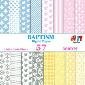Pode incluir: Uma coleção de designs de papel digital com padrões temáticos de batismo. Os designs incluem cruzes, pombas, listras e elementos florais em cores pastel. O texto "BAPTISM Digital Paper" é exibido, juntamente com o número "57".