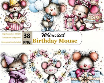 Imágenes prediseñadas de ratones de cumpleaños: 38 ilustraciones PNG de animales caprichosos para descargar digitalmente y decorar fiestas.