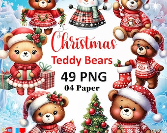 Paquete de imágenes prediseñadas de osito de peluche navideño, PNG festivo (descarga digital)
