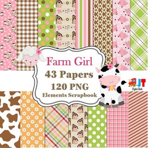 May include: A collection of digital scrapbook papers with farm animal and barnyard themes. The papers feature patterns like cow spots, gingham, polka dots, and floral designs in pink, green, brown, and orange. The image includes the text "Farm Girl 43 Papers 120 PNG Elements Scrapbook."