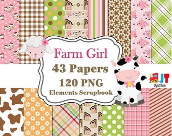 Imágenes prediseñadas de chica de granja y paquete de papel digital – Gráficos PNG para scrapbooking (Descarga digital)