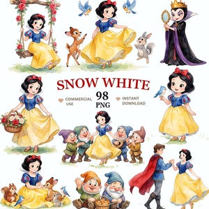 Puede incluir: Una colección de ilustraciones en acuarela que presentan a Blancanieves, los siete enanitos, un príncipe y animales del bosque. El texto dice SNOW WHITE 98 PNG COMMERCIAL USE INSTANT DOWNLOAD. Los personajes aparecen en varias poses, incluyendo bailando, sentados en un columpio y sosteniendo una cesta de flores.