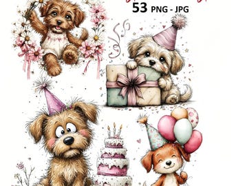53 imágenes prediseñadas JPG de perros caprichosos para fiestas de cumpleaños: paquete JPG de animales de dibujos animados adorables para celebraciones, para uso comercial.