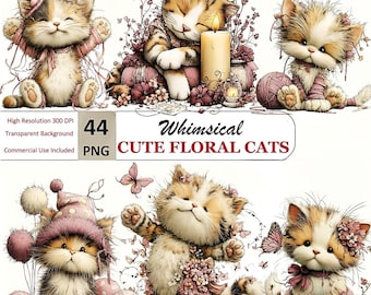 44 imágenes PNG de gatos caprichosos: lindo gato primaveral con corona floral blanca JPG: arte de gatos originales para manualidades, tarjetas y pegatinas - Uso comercial