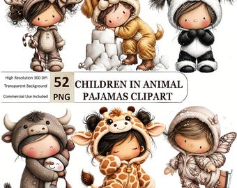 Imágenes prediseñadas de niños con pijamas de animales - Imágenes prediseñadas infantiles de invierno caprichosas - Conjunto PNG de niños lindos en la nieve, imágenes prediseñadas para guardería