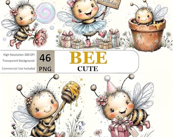 Imágenes prediseñadas de abejas caprichosas para cumpleaños, lindos gráficos PNG de abejorros, paquete de dibujos animados para fiestas