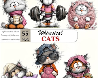 Paquete de imágenes prediseñadas de gatos caprichosos: 55 gráficos PNG en acuarela (descarga digital)