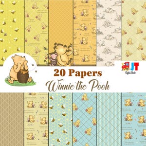 Op de afbeelding: Een verzameling van 20 vellen papier met Winnie de Poeh-thema. De papieren bevatten verschillende patronen, waaronder bijen, honingraten en illustraties van Winnie de Poeh en Knorretje. Het kleurenpalet omvat geel, beige en blauw.
