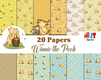May include: A collection of 20 Winnie the Pooh themed papers. The papers feature various patterns, including bees, honeycombs, and illustrations of Winnie the Pooh and Piglet. The color palette includes yellow, beige, and blue.