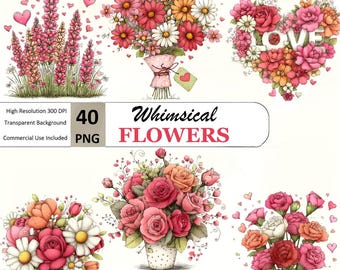 40 imágenes PNG de flores caprichosas de primavera, imágenes prediseñadas PNG de ramo de flores silvestres, flores de ramo, gráficos florales (descarga digital)