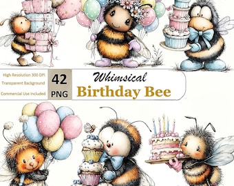 Imágenes prediseñadas de abejas caprichosas para cumpleaños, lindos gráficos PNG de abejorros, paquete de dibujos animados para fiestas