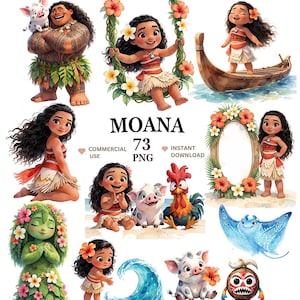 Peut inclure: Une collection numérique d'illustrations des personnages de Moana incluant Moana, Maui, le cochon Pua, le coq Heihei, une raie et une créature noix de coco. L'ensemble présente des éléments floraux, une pirogue et une vague, avec le texte MOANA 73 PNG.