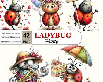 Imágenes prediseñadas de mariquita, gráficos PNG de fiesta de cumpleaños en acuarela, descarga digital, uso comercial