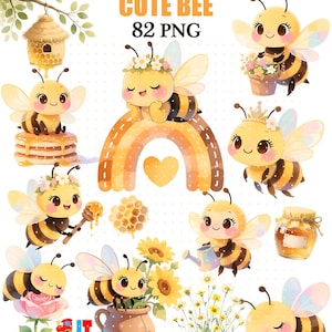 May include: A collection of cute bee illustrations with the text "CUTE BEE 82 PNG". The bees are yellow and black, with various accessories like flowers, crowns, and honey pots. The illustrations are in a watercolor style.