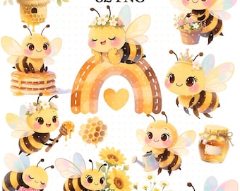Paquete de acuarela PNG de abeja y miel, clipart de margarita blanca, abejorro y miel, descarga digital