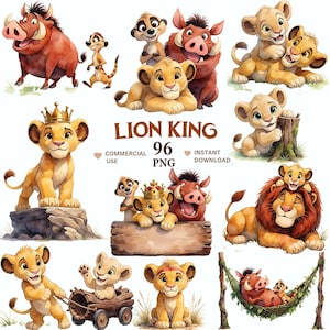 Puede incluir: Una colección de ilustraciones digitales con personajes de El Rey León, incluyendo leones, un facóquero y un suricato en varias poses. El texto LION KING 96 PNG COMMERCIAL USE INSTANT DOWNLOAD está centrado entre los coloridos gráficos de dibujos.