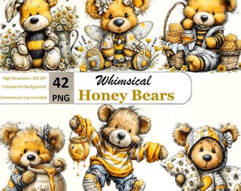 Paquete de imágenes prediseñadas de osos y abejas, decoración de pared para guardería, regalo para baby shower, arte de pared para guardería (42 PNG)