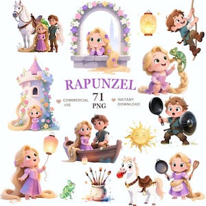 Puede incluir: Una colección digital de 71 ilustraciones PNG que muestra a un personaje rubio de pelo largo, un personaje de pelo castaño, un caballo blanco, un camaleón verde, una torre de piedra, un barco, un sol, una linterna, una sartén y pinceles con el texto RAPUNZEL.