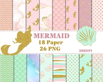 Papel digital con estampado de sirenas con purpurina en tonos dorados y rosas.
