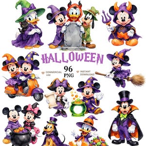 Musse Halloween Clipart-paket • Akvarell PNG-filer • Läskigt party • Direkt nedladdning - Musse Halloween Akvarell Clipart