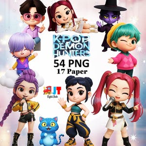 Peut inclure: Graphique numérique avec des personnages de dessins animés dans diverses tenues. L'image comprend le texte "KPOP DEMON HUNTERS 54 PNG 17 Paper". Les personnages sont dans différentes poses, certains tenant des micros, et un chat bleu est également présent.