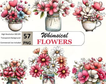 Clipart de flores primaverales caprichosas: Gráficos florales (Descarga digital - 57 PNG)