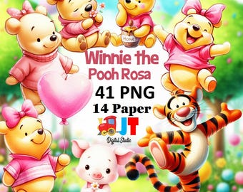 Imágenes prediseñadas de Winnie the Pooh en acuarela: Diseños PNG de Miel Rosa (Descarga digital)