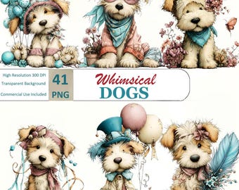 Imágenes prediseñadas florales de perros caprichosos: Gráficos de primavera para guardería (Descarga digital - 41 PNG)